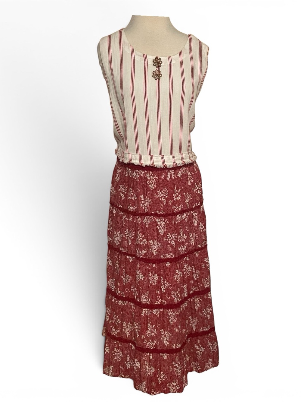 Laugh Bespoke Vintage Upcycled Boho Tiered Red White Maxi Dress Womens XXL - Picture 1 of 15